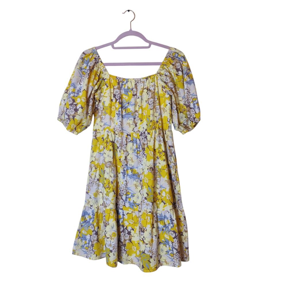 Anthropologie Sim & Sam Yellow Floral Cotton Puff Sleeve Cottage Dress Medium
